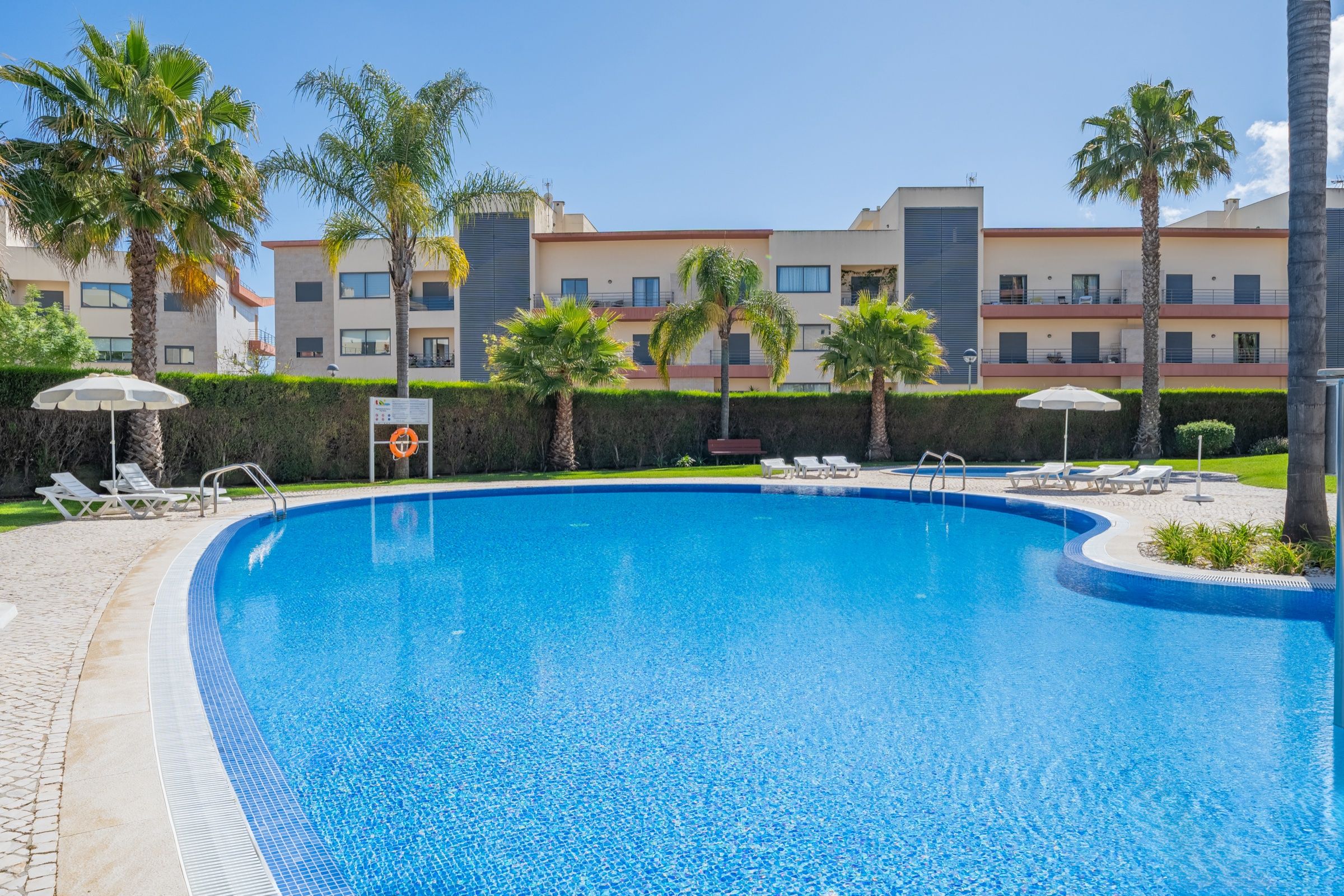 Large pool in an apartment complex, with palm trees, parasols and sun loungers