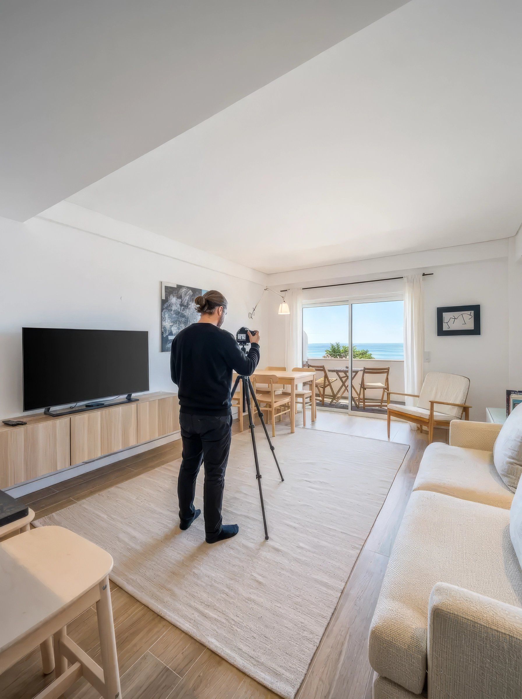Photographer with a camera on a tripod photographing a bright living room with a beige sofa, opening onto a balcony with sea views